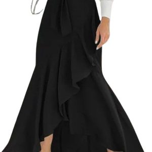 Women's Casual Plaid Mermaid Maxi Skirt A Line Irregular Ruffle Hem Fishtail Long Skirt