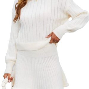Women's Sweater Skirt Sets 2 Piece Outfits Ribbed Knit Mock Neck Sweater Pullovers A Line Mini Skirt Set