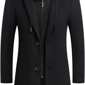 Men's Wool Coat Hoodie Long Trench Coat Cotton Casual Woollen Overcoat Jacket
