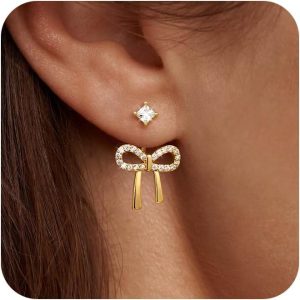14K Gold Plated/Silver Earrings for Women Trendy, Dainty Bow Earrings for Women Cute Pearl Huggie Earring Hoops Twist Rope Bow Stud Pearl Dangle Cubic Zirconia Earrings Jewelry Gifts