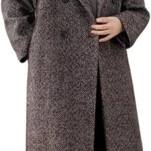 Women's Winter Herringbone Stripe Long Wool Coat Double Breasted Dressy Casual Trench Coat Overcoat