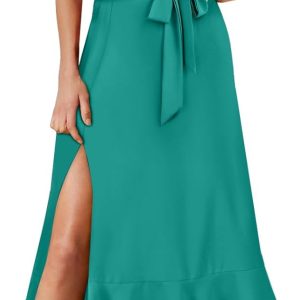Women's Square Neck Ruffle Split Midi Elegant Formal Wedding Guest Cocktail Bridesmaid Graduation Party Dresses 2025