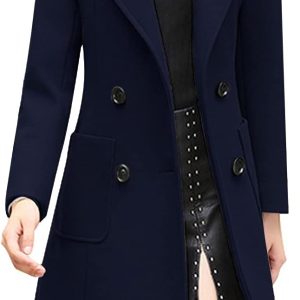 Women Elegant Notched Collar Double Breasted Wool Blend Over Coat