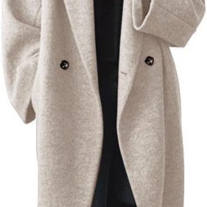 Womens Winter Pea Coat Notch Lapel Double Breasted Wool Blend Oversized Overcoat with Pockets