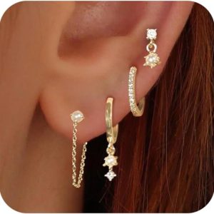 Gold Earrings for Women, 14k Gold Plated Dangle Huggie Earrings for Women Trendy Dainty Gold Hoop Earring Stacks Hypoallergenic Pearl Chain Drop Cartilage Earring Fashion Womens Jewelry