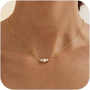 Gold Pearl Necklaces for Women Trendy, 14K Gold Plated Dainty Necklace Simple Layered Pearl Necklaces for Women Trendy Wedding Birthday Jewelry