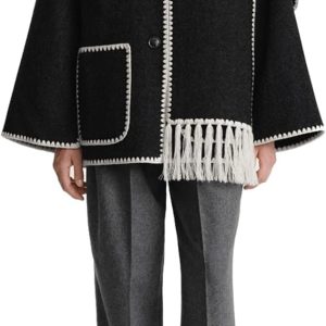 women's Winter Wool Coats Embroidered Button Down Woolen Blend Trench Coat with Tassel Scarf