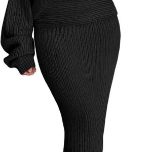 Womens Off the Shoulder Sweater Dress Knit Two Piece Maxi Skirt Sets
