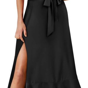 Women's Square Neck Ruffle Split Midi Elegant Formal Wedding Guest Cocktail Bridesmaid Graduation Party Dresses 2025