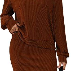 Women 2 Piece Outfits Long Sleeve Quarter Zip Collared Top Ribbed Knit Bodycon Mini Skirt Sets with Back Slit 2025
