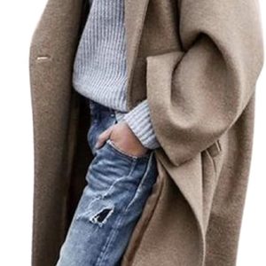 Women's Oversized Notched Collar Wool Blend Single Breast Midi Long Trench Coat