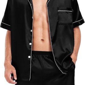 Men Satin Silk Pajamas Sets Short Sleeve Sleepwear Button-Down PJs Sets Two-Pieces Loungewear with Pockets