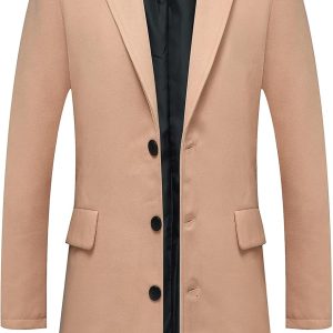 Men's Classic Wool Trench Overcoat Single Breasted Mid Long Wool Blend Top Pea Coats Jackets
