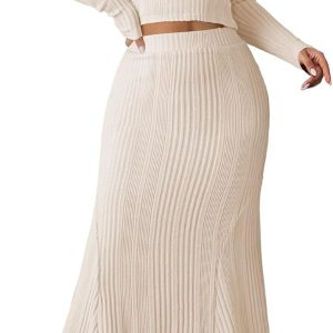 Ribbed Knit 2 Piece Dress Set for Women Fall Long Sleeve Crop Top with High Waist Skirt Set Cocktail Party Outfits