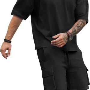 Men Short Sets 2 Piece Outfits Short Sleeve Crewneck Summer T Shirt and Drawstring Casual Track Shorts Set
