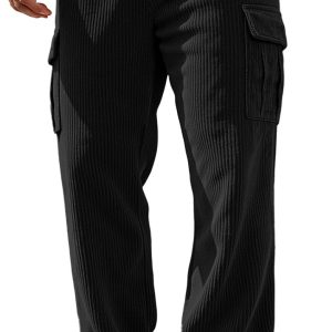Men's Corduroy Pants Casual Cargo Pants Elastic Drawstring Waist Sweatpants with Multi Pockets