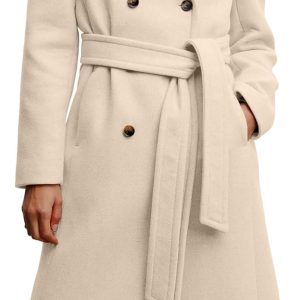 Women Double Breasted Coats Long Winter Work Office Overcoat Pocketed Outwear with Belt
