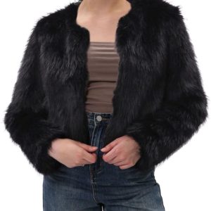 Women's Faux Fur Cropped Coat Pockets Long Sleeve Open Front Winter Jacket