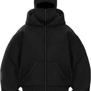 Men's Balaclava Hoodie Winter Double Layer Hooded Sweatshirt with zipper, Fleece-Lined Hip-Hop Hoodie