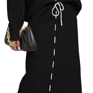 2025 Women's 2 Piece Sweater Set V Neck Rib Knit Long Sleeve Maxi Bodycon Skirt Casual Outfits