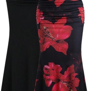 Women's 2 Pack Fishtail Skirt Elegant Floral Ruched Skinny Bodycon Ruffle Long Skirts