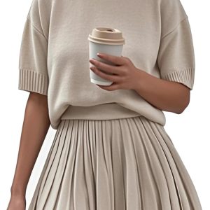 Womens 2 Piece Outfits Short Sleeve Crewneck Knit Tops And Pleated Mini Skirt Two Piece Sets