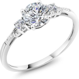 Gem Stone King 10K White Gold Lab Grown Diamond Engagement Ring For Women | 0.90 Cttw | Center Round 6MM | Gemstone April Birthstone | DEF Color | VVS-VS Clarity | Available in Size 5,6,7,8,9