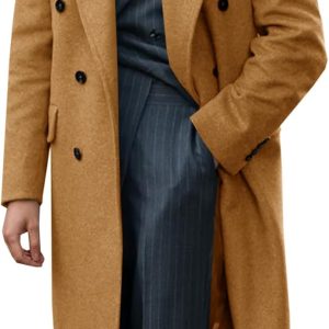 Mens Wool Blend Casual Trench Coat Notched Collar Lapel Long Jacket Peacoat Double Breasted Classic Winter Overcoat