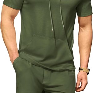 Men Tracksuit Short Sets 2 Pieces Summer Outfit Casual Short Sleeve Hoodie and Shorts Set