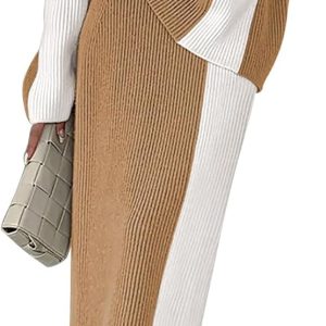 Women's 2 Piece Outfits 2025 Fall Winter Sweater Skirt Set Long Sleeve Oversized Top High Waist Color Block Dress