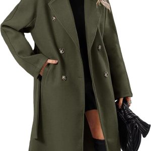 Women Elegant Wool Pea Coat Lapel Collar Double Breasted Mid-Long Winter Overcoats with Belted Pockets