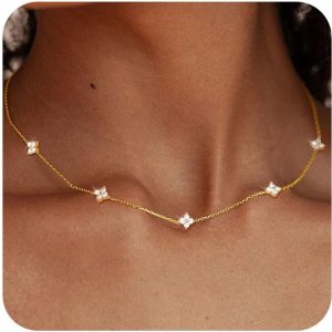 Dainty Silver Gold Necklaces for Women Trendy Non Tarnish 14K Gold Plated Cubic Zirconia Necklace Layered Cute Butterfly Heart Station Choker Necklace Stack for Wedding Prom Brides Jewelry