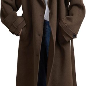 Women's Winter Double Breasted Long Coat Notch Lapel Long Sleeve Wool Blend Trench Coat with Belt