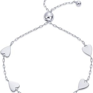 14K Gold Plated Matching Heart Charms Solitaire Bracelet Set for Women | Adjustable Love Frienhip Two Bracelet Pack