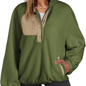 Sweatshirt for Women Oversized Fuzzy Fleece Jacket Color Block Button Long Sleeve Pullover Sherpa Sweatshirts Tops