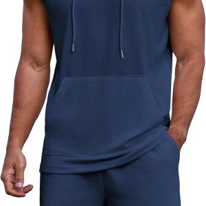 Men Short Sleeve Summer Tracksuit Hooded Tanks Tops Sweatsuit 2 Piece Casual Sports Shorts Set