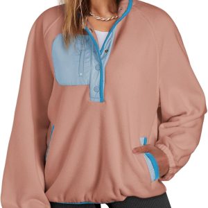 Sweatshirt for Women Oversized Fuzzy Fleece Jacket Color Block Button Long Sleeve Pullover Sherpa Sweatshirts Tops