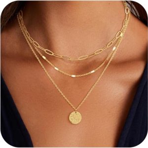 Layered Gold Necklace for Women, 14K Gold Plated Necklace Stack for Women, Dainty Adjustable Gold Necklace Set