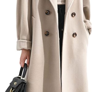 Women Wool Blend Pea Coat Camel Notched Collar Double Breasted Outerwear Jacket