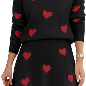 Womens Skirt 2 Piece Sweater Set Long Sleeve Crewneck Sweaters Pleated Mini Skirt Knit Lounge Sets