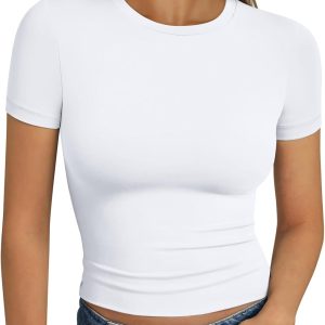 Womens Short Sleeve T Shirts Basic Summer 2025 Workout Tops Crew Neck Gym Crop Tops Trendy Y2K Clothes