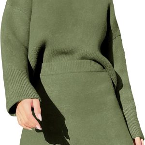 Womens 2 Piece Outfits Casual Sweater Dress Sets Long Sleeve Mock Neck Ribbed Knit Tops Bodycon Skirts Winter Clothes