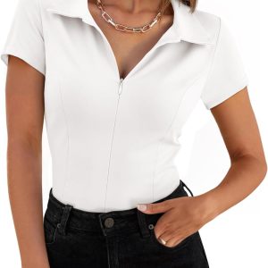 Womens Short Sleeve Collared Polo Shirts Fitted Cotton Blouse Summer Casual V Neck Tops