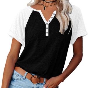 Womens V Neck Basic Tops Color Block Tunic T Shirts Summer Short Sleeve Casual Cotton Tees Shirts