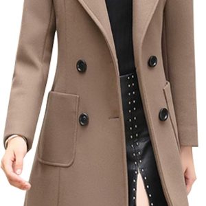 Women Elegant Notched Collar Double Breasted Wool Blend Over Coat