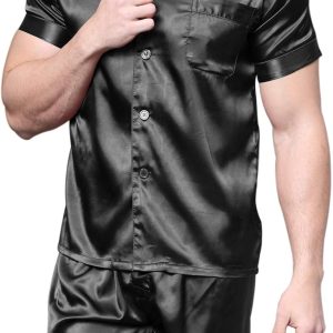 Men Satin Pajamas Short Button-Down Pj Set Sleepwear Loungewear