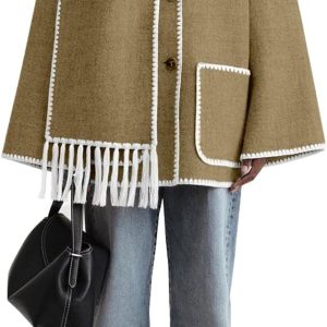 women's Winter Wool Coats Embroidered Button Down Woolen Blend Trench Coat with Tassel Scarf