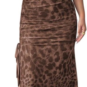 Women's Chiffon Leopard Print Ruched Drawstring Split Thigh Bodycon Maxi Skirt