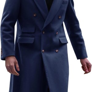 Mens Trench Coat Notch Lapel Double Breasted Casual Pea Coat Winter Warm Long Overcoat