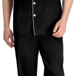 Mens Satin Pajama Set Short Sleeve Classic Sleepwear Button Down Silky Loungewear with Long Pants
